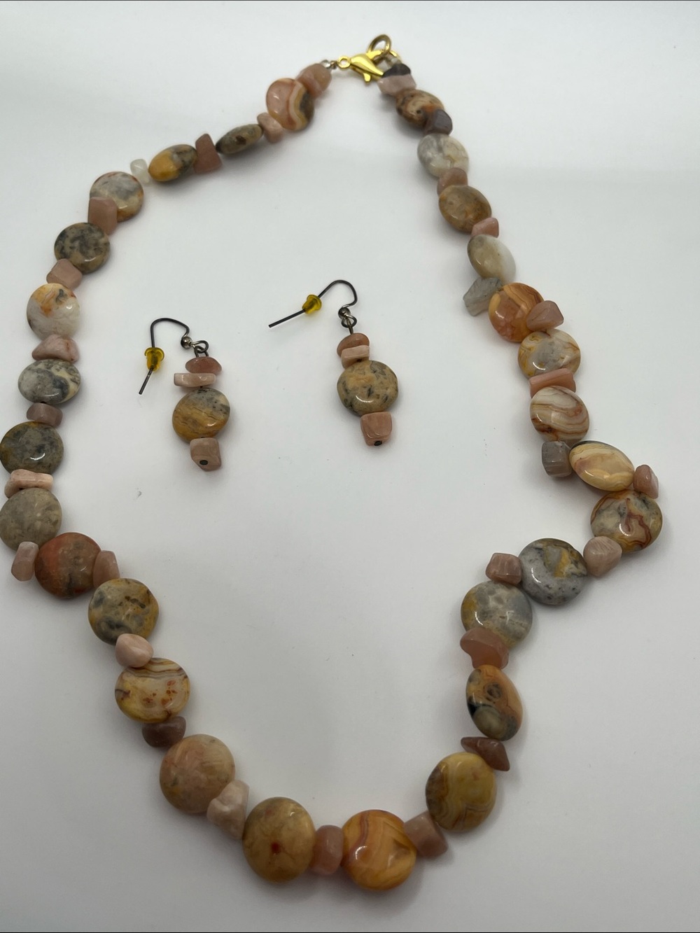 Natural Crazy Lace Agate Beaded Necklace & Matching Dangle Earrings Set